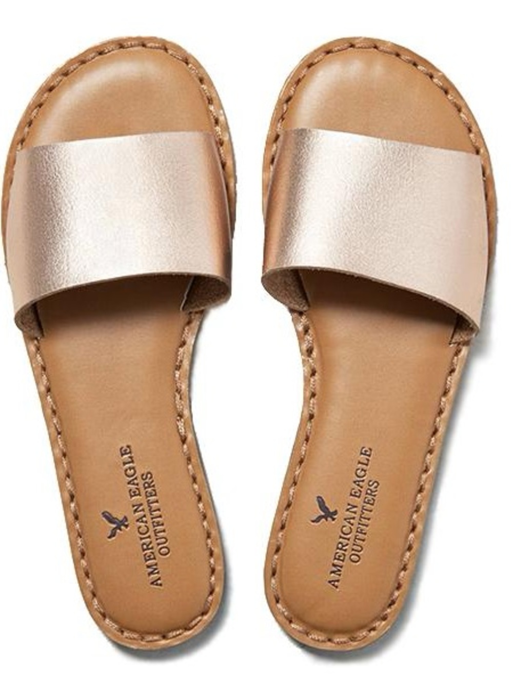 American Eagle Outfitters Metallic Rose Gold Slide Sandals with Tan Footbed